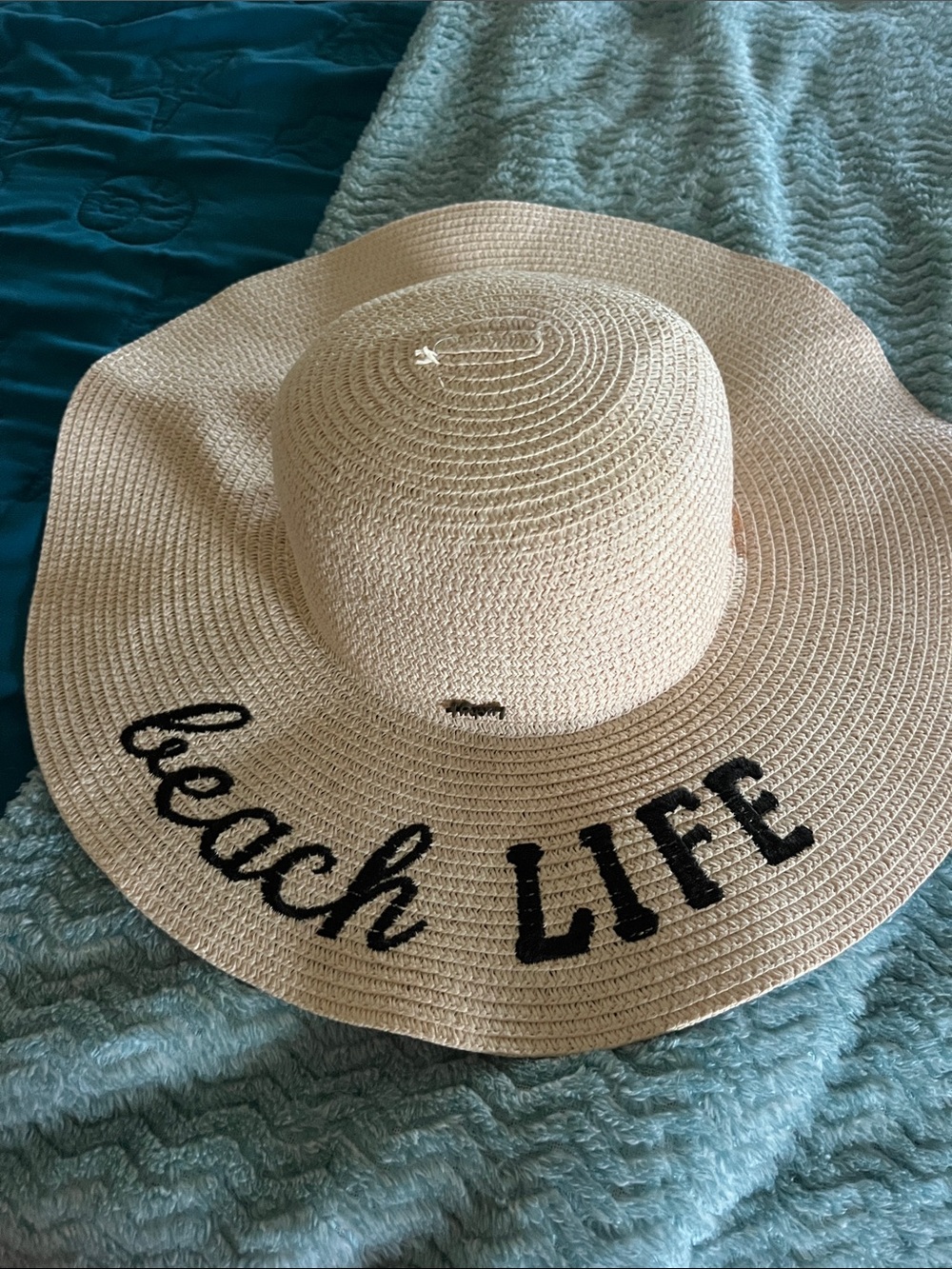 Wide-Brim Straw Sun Hat - Beige with Black 'Beach LIFE' Embroidery